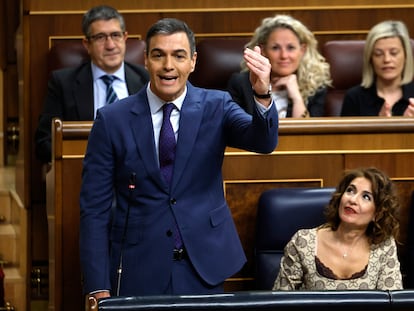 Pedro Sánchez, durante su intervención en la sesión de control al Gobierno celebrada en el Congreso de los Diputados, este miércoles.