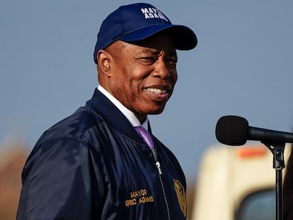 New York Mayor Eric Adams smiles while addressing athletes before they make their way onto the Verrazano Narrows Bridge at the start of the New York City Marathon, Nov. 5, 2023, in New York.