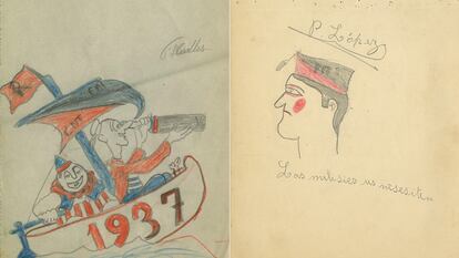 La FAI y la CNT aparecen en muchas ilustraciones de la exposición El archivo en Guerra. A la izquierda, dibujo de Francesc Miralles. A la derecha, la consigna "Las milicias os necesitan", de Pepita López.