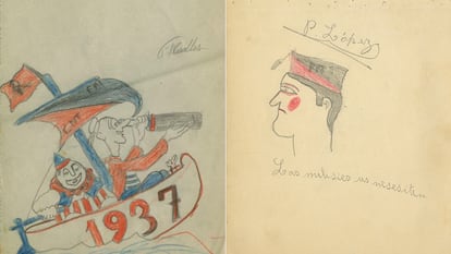 La FAI y la CNT aparecen en muchas ilustraciones de la exposición El archivo en Guerra. A la izquierda, dibujo de Francesc Miralles. A la derecha, la consigna "Las milicias os necesitan", de Pepita López.