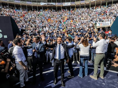 El presidente del PP, Pablo Casado, en el acto de clausura de la Convención Nacional del PP, en la Plaza de Toros de Valencia, este sábado en Valencia.