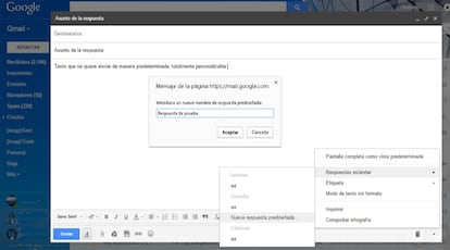 Para crear las respuestas predefinidas, se debe pulsar en Redactar tal y como si se fuese a crear un nuevo mensaje de correo electrónico y escribir el Asunto y el texto de respuesta que se desee. A continuación, en la parte inferior de la ventana, justo al lado del icono de la papelera, se muestra una pestaña, que al pulsar sobre ella despliega un menú con varias opciones entre las que se puede ver Respuestas estándar > Nueva respuesta prediseñada. Al pulsar sobre esta opción se abre una ventana emergente para indicar el nombre de la respuesta creada. Una vez que se pulse en Aceptar la respuesta quedará guardada.