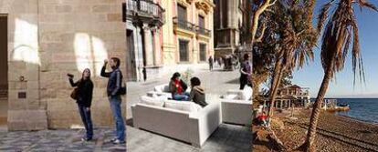 Fachada del palacio Buenavista, actual Museo Picasso; la monumental plaza del Obispo, cuya fuente abastece de agua a los malagueños desde 1785, y los baños del Carmen, balneario tradicional de la ciudad.