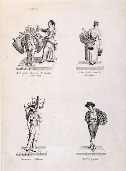 1817. Pertenece a la serie Los Gritos de Madrid. Se trata de una colección de calcografías realizadas por Miguel Gamborino que se publicaron entree 1809 y 1817. En ellas se retrata un elenco muy representativo de vendedores ambulantes que se podían encontrar en Madrid por aquellos años. Bajo sus retratos se señalan los "gritos" que estos vendedores proferían para atraer a la clientela. El texto bajo las imágenes reza: "A tres quartos el manojo de cebollas. / y sin capar. / /Judios y judias como la / seda judias. / Cooomponer Sillaaas./ / Xicaras y tasas".