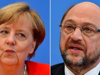 La canciller Angela Merkel y el l&iacute;der del SPD Martin Schulz.