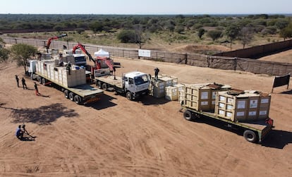 Los camiones son cargados con los contenedores que transportan a los 19 rinocerontes blancos y negros.  "Estamos esparciendo nuestros huevos y poniéndolos en diferentes cestas", compara Vickery, añadiendo que esperaba ver una próspera población de rinocerontes blancos en Zinave en 10 años.
