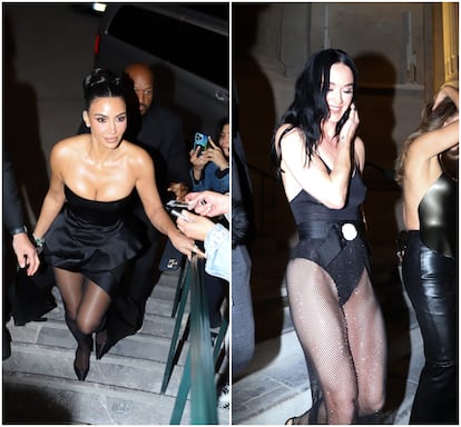 Kim Kardashian (izquierda) y Katy Perry (derecha), el 16 de mayo de 2025, durante la despedida de soltera de Lauren Sanchez en París (Francia).
