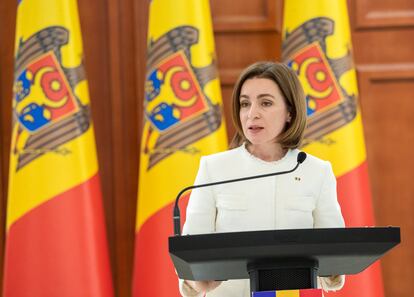La presidenta de Moldavia, Maia Sandu, durante una rueda de prensa el domingo. 