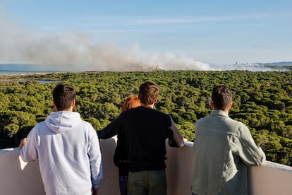 Vecinos observar las labores de extinción del incendio de El Saler.