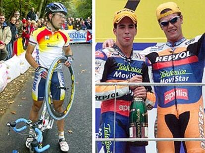 Óscar Freire, desolado, tras la rotura de la bicicleta  que le impidió disputar el triunfo a Cipollini. En cambio, Toni Elías y Fonsi Nieto celebran con cava su doblete en los 250cc de Malaisia.