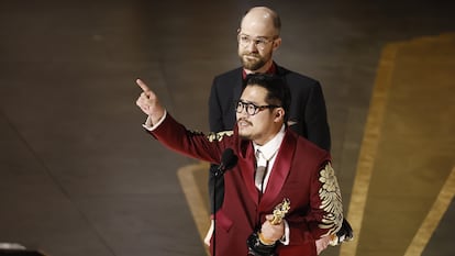 Daniel Scheinert and Daniel Kwan (R) after winning the Oscar for Best Original Screenplay for 'Everything Everywhere All at Once'.