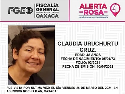 Ficha de búsqueda de Claudia Uruchurtu, desaparecida el pasado 26 de marzo en Asunción Nochixtlán (Oaxaca).