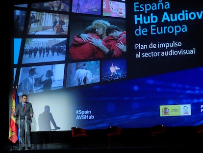 El presidente del Gobierno, Pedro Sánchez, este miércoles durante la presentación del plan de impulso al audiovisual, en el cine Doré, sede de la Filmoteca Española.