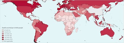 El mapa muestra el número de muertes que el estudio estima evitaron las vacunas por cada 10.000 habitantes. Los autores excluyeron del análisis a China.