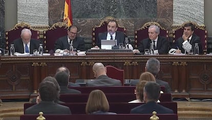 Imagen de la señal institucional del Tribunal Supremo durante la última jornada del juicio del procés. 