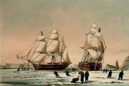 Cuadro que representa el HMS Investigator y el HMS Enterprise atrapados en el hielo.