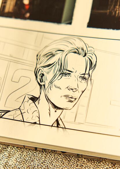 Dibujo de Tilda Swinton en 'La voz humana', pertenecientes a su libro 'Storyboarding Almodóvar'