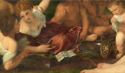 Detalle de 'La bacanal de los andrios', de Tiziano, en el que se pueden reconocer algunas de las violetas que el artista esparció por la escena.