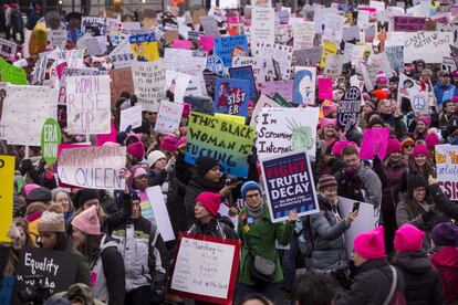 En 2018, las marchas reunieron a más de 500.000 personas, incentivadas por los movimientos MeToo y Time's Up contra el acoso y la violencia sexual. En la imagen, la Marcha de las Mujeres en Washington.