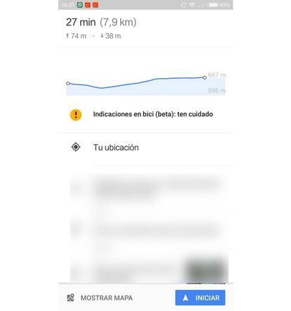 Ruta en bici en Google Maps con gráfico de desnivel