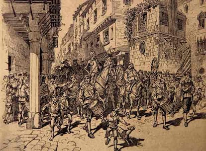 Dibujo de la entrada de don Quijote en Barcelona pintado por Jaume Pahissa Laporta en 1897.