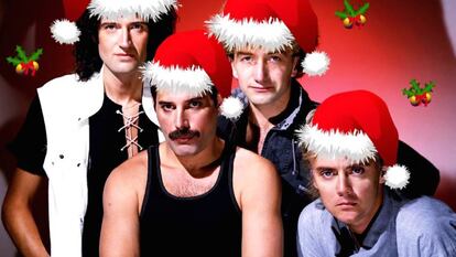 Queen é o grupo com mais hinos da história. Mas de sua canção de Natal ninguém se lembra. Na imagem, montagem natalina sobre foto dos quatro músicos.