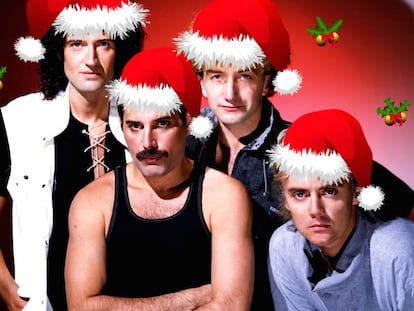 Queen é o grupo com mais hinos da história. Mas de sua canção de Natal ninguém se lembra. Na imagem, montagem natalina sobre foto dos quatro músicos.