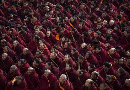 Monjes budistas participan en una oración especial durante el Monlam, uno de los grandes rituales de plegaria que se celebran en el Monasterio de Labrang.