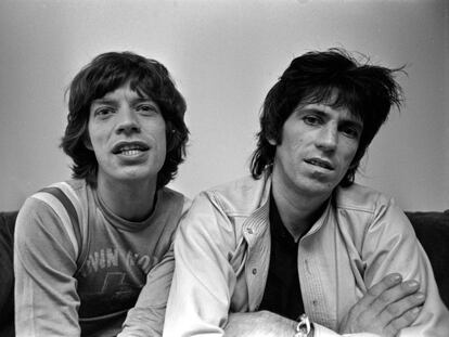 Mick Jagger and Keith Richards in the offices of Rolling Stones Records in New York in 1977.