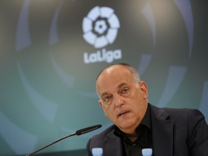 Javier Tebas, presidente de La Liga, en la rueda de prensa de este jueves.