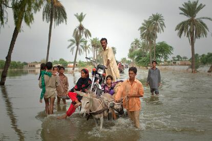 Un grupo de campesinos caminan, con sus pertenencias en un carro tirado por un burro, cerca de Baseera, en Punjab.