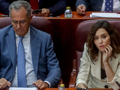 El vicepresidente, Enrique Ossorio, y la presidenta de la Comunidad de Madrid, Isabel Díaz Ayuso, durante un pleno en la Asamblea de Madrid.