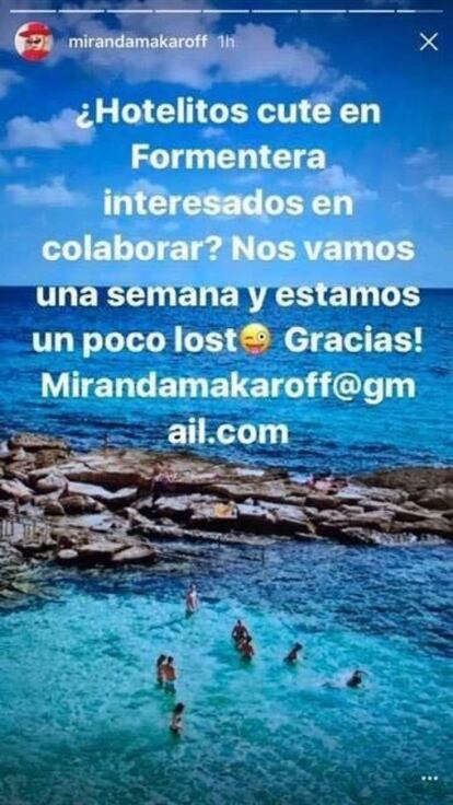 <p>Esta imagen publicada por la influyente en redes sociales Miranda Makaroff en su Instagram se convirtió en la representación de todo aquello que critican los detractores de los <em>influencers</em>: una supuesta manera de aprovecharse de su popularidad para disfrutar gratuitamente de todo tipo de servicios de ocio. Para muchos otros, sin embargo, es un intercambio legítimo que una figura conocida promocione un negocio y reciba algo a cambio. Los usuarios de las redes sociales se indignaron contra ella, pero lo importante: consiguió esas vacaciones "gratuitas" gracias a dos plataformas de búsqueda de alojamiento 'online' que decidieron ayudarla.</p>
