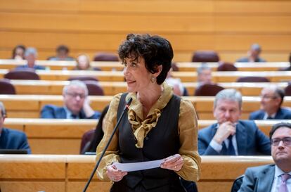 La ministra de Inclusión, Seguridad Social y Migraciones, Elma Saiz, interviene durante una sesión de control en el Senado, a 8 de abril de 2025, en Madrid (España)