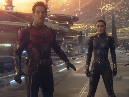 This image released by Disney shows Paul Rudd, from left, Kathryn Newton and Evangeline Lilly in a scene from 'Ant-Man and the Wasp: Quantumania.' (Disney/Marvel Studios via AP)