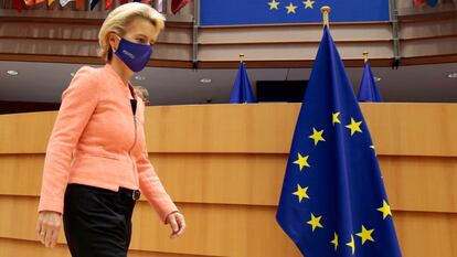 La presidenta de la Comisión Europea, Ursula Von der Leyen, antes de pronunciar su discurso sobre el estado de la Unión Europea este miércoles en Bruselas.