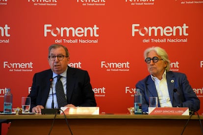 Baldiri Ros (i), presidente del Institut Agrícola Sant Isidre, y Josep Sánchez (d), presidente de Foment del Treball, durante la rueda de prensa de este jueves.