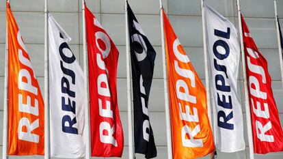 Banderas de Repsol en la última junta general de accionistas.
