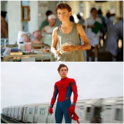 Arriba, Tom Holland en 'Lo imposible', su debú en el cine con 15 años. Abajo, en su nueva película, 'Spider-Man: lejos de casa'.