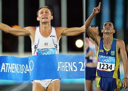 A la izquierda, Stefano Baldini celebra su victoria en el maratón. A la derecha, Vanderlei Lima, agredido por un espectador irlandés, señala al cielo tras cruzar la meta el tercero.