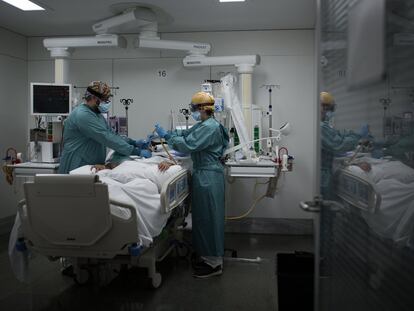An intensive care unit for Covid-19 patients at Santa Creu i Sant Pau Hospital in Barcelona.