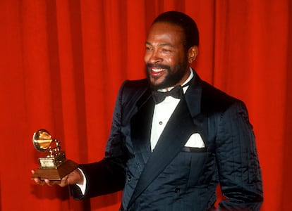 Marvin Gaye picking up a Grammy award in 1983.