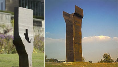 <i>Homenaje a Braque</i> (izquierda) y <i>Buscando la luz IV,</i> de Eduardo Chillida, en el Parque de Escultura de Yorkshire, Inglaterra.