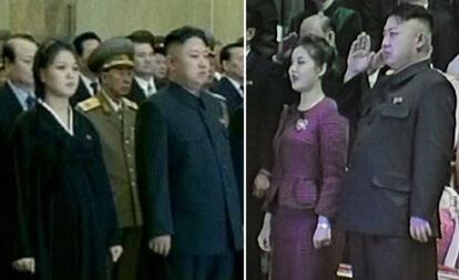 El l&iacute;der norcoreano Kim Jong-Un junto a su mujer, Ri Sol-Ju en una imagen del 17 de diciembre, donde ella aparece embarazada y en otra del 1 de enero, donde ya no lo est&aacute;.