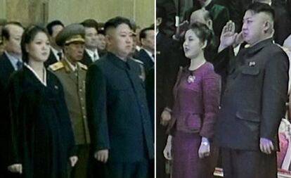 El líder norcoreano Kim Jong-Un junto a su mujer, Ri Sol-Ju en una imagen del 17 de diciembre, donde ella aparece embarazada y en otra del 1 de enero, donde ya no lo está.