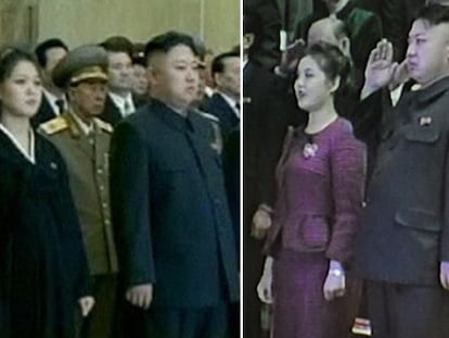 El l&iacute;der norcoreano Kim Jong-Un junto a su mujer, Ri Sol-Ju en una imagen del 17 de diciembre, donde ella aparece embarazada y en otra del 1 de enero, donde ya no lo est&aacute;.