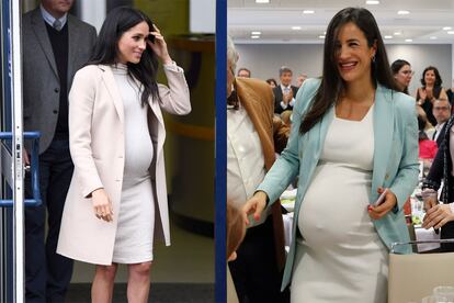 Meghan Markle con su célebre vestido blanco que lució marcando embarazo y Villacís con su modelos estrella de Mango para esta campaña.