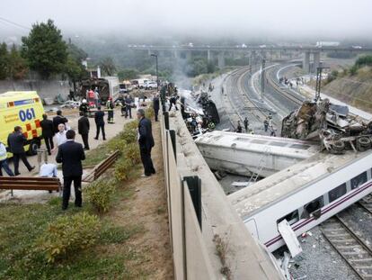 The Alvia train after derailing near Santiago de Compostela.