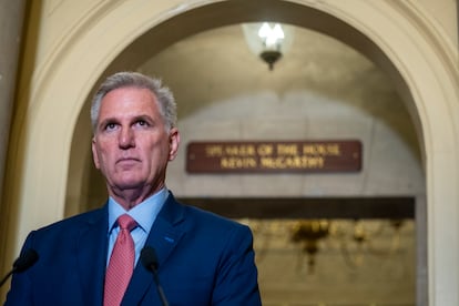 Speaker of the House Kevin McCarthy announces the launching of a formal impeachment inquiry into President Joe Biden during a brief statement in the US Capitol in Washington, on Sept. 12, 2023.