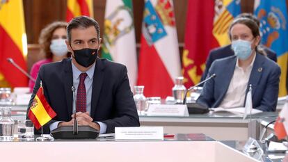 El presidente del Gobierno, Pedro Sánchez, al inicio de la XXI Conferencia de Presidentes, en San Millán de la Cogolla, La Rioja el 31 de julio.